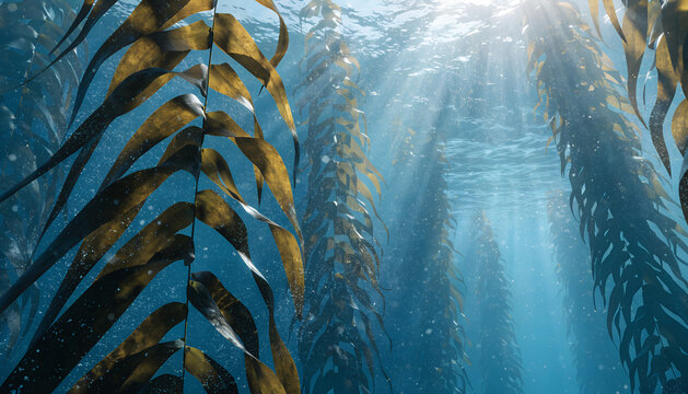 "Cinematic underwater kelp forest with sunlight rays piercing through the water surface, deep sea environment, AI-generated photo-realistic nature scene."