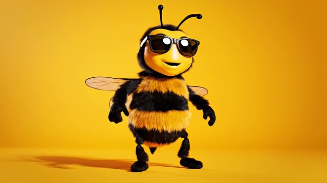Cartoon bee character posing joyfully against a bright yellow background