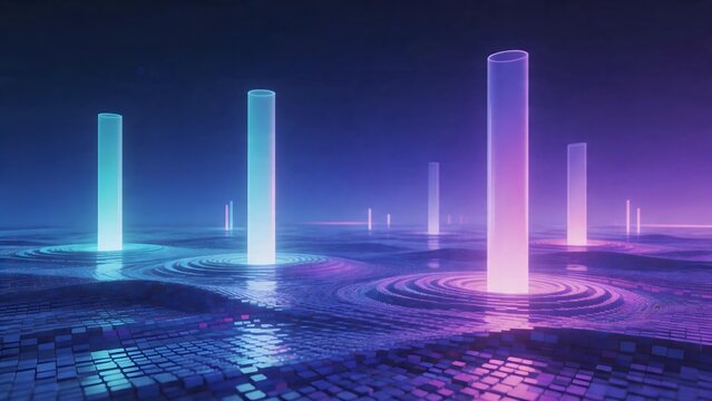 Futuristic glowing pillars on reflective surface
