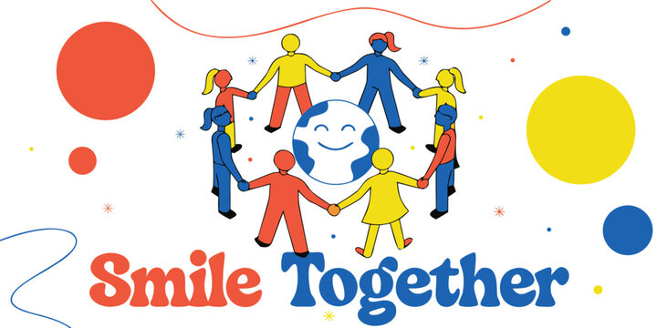People holding hands in circle around globe for world smile day concept.