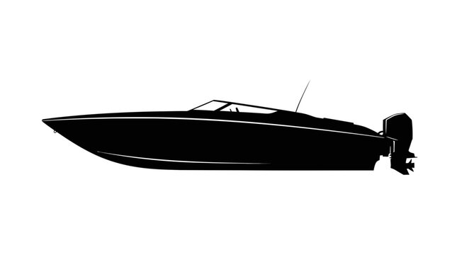 A sleek black speedboat silhouette sails across calm waters on a sunny day d2 23