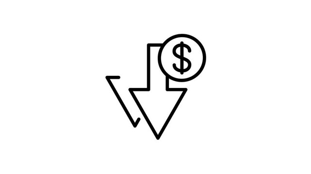 Price reduction animation icon. Money, dollar, stock, currency with down arrow for investment, graph banking, financial business animated