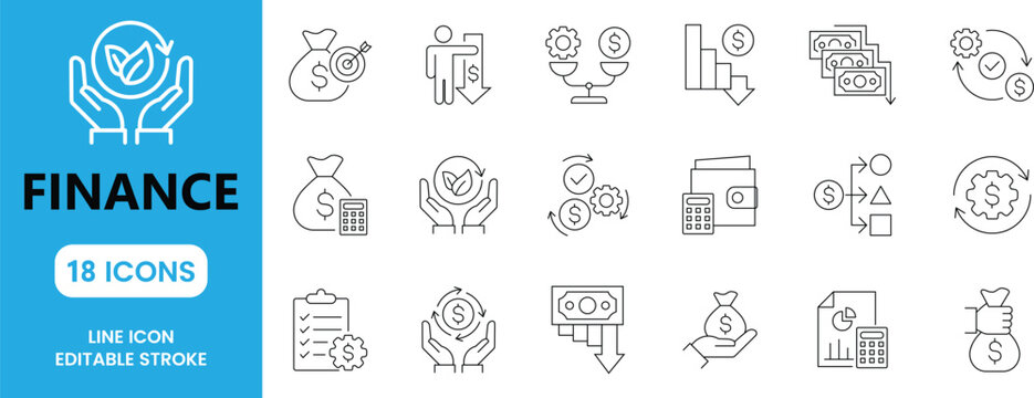 Business Finance & Banking Line Icon Set &ndash; Money Management, Accounting and Payment Vector Collection