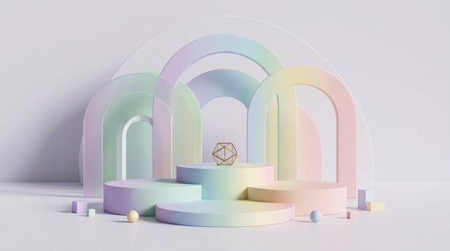 Pastel rainbow podium stage with abstract arches for product display, ideal for cosmetic branding, website headers, and creative marketing presentations