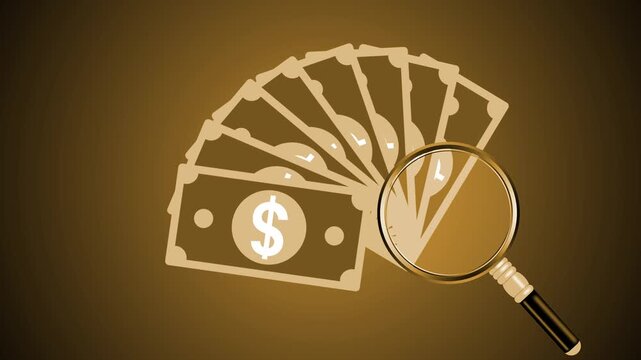 Stack of dollar bills with a magnifying glass over them gradient background animation