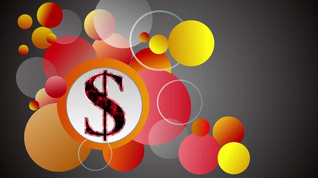 Dark gradient background with overlapping circles and a central dollar sign emblem animation