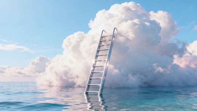 Ladder in ocean leading to clouds