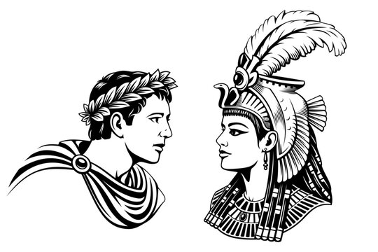 Cleopatra and Mark Antony Portraits. Black and white cliparts.