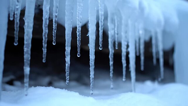 Close up of icicles hanging with water drops winter concept