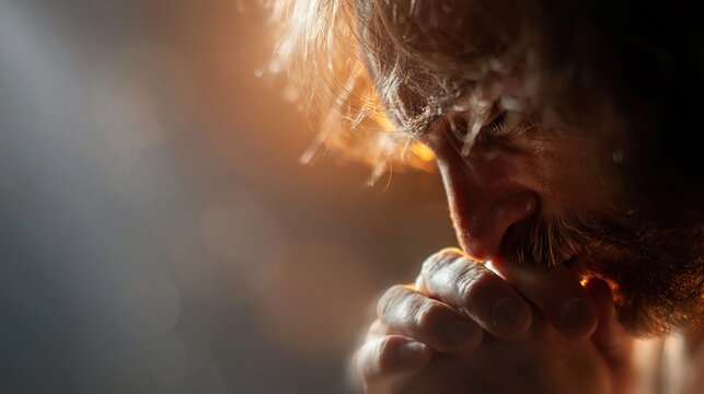 Close Up of a Man with Closed Eyes and Clasped Hands in Prayer, Illuminated by a Beam of Light