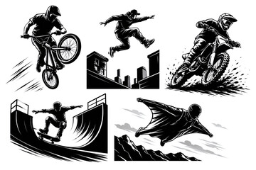 Obraz premium Extreme Sports Silhouettes Set. BMX, Skateboarding And Wingsuit Vector Collection