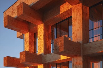 Fototapeta premium Interlocking Sustainable Cedar Wood Beams in Modern Architecture