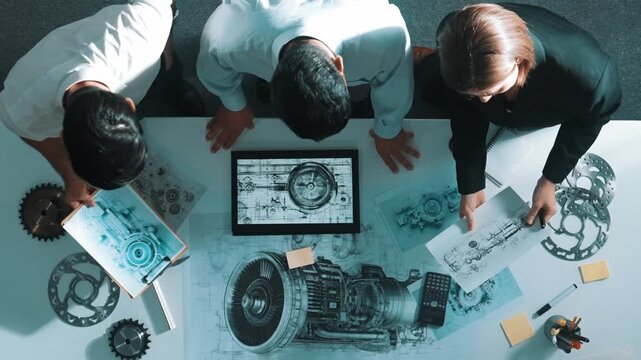 Top down view of skilled engineer working together while looking at jet engine. Aerial view of smart designer or diverse technicians brainstorming while looking at electronic generator. Alimentation.