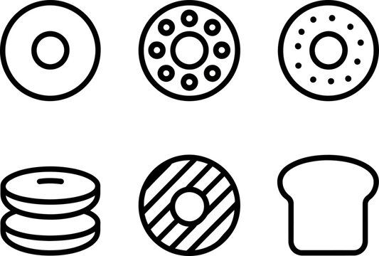 Collection of simple black and white line representing donuts and bread slices food
