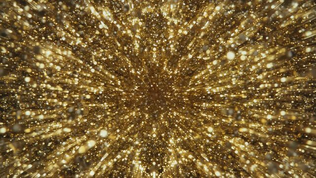 Explosion of golden glitter particles radiating from center, luxury abstract celebration, loop　中心から放射状に広がる金色の光の粒子の爆発、ラグジュアリーな抽象お祝い、ループ　フルHD 4K