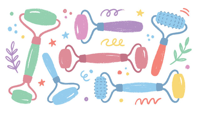 Skincare face massage rollers set in hand drawn chalk style isolated vector illustration collection.