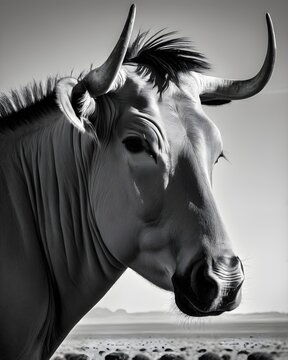 A black and white takin  cow genetic hybrid fantasy animal, fictional species , in a horizon plain