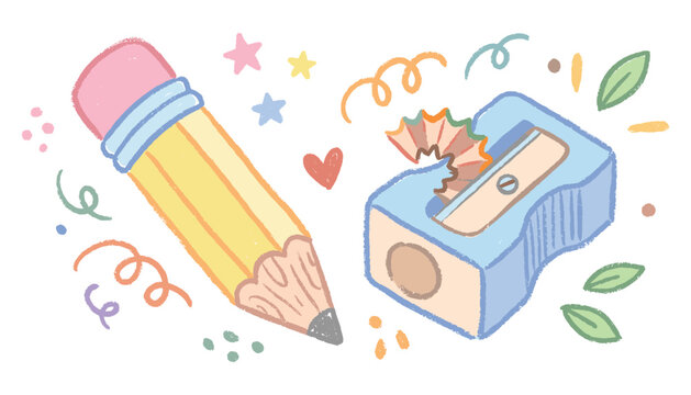 Vector hand drawn doodle style pencil and sharpener with various cute elements illustration.