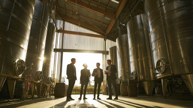Team of Scientists Discussing Data on Digital Table in Winery