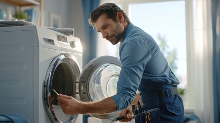 Obraz premium Skilled appliance repairman carefully inspecting and fixing a modern washing machine in a bright home setting
