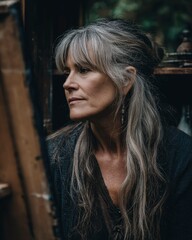 Fototapeta premium Woman with Gray Hair Painting in a Lush Garden Setting