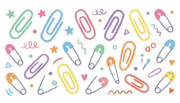 Set of vector hand drawn doodle style paper clips and safety pins with various cute elements illustration.