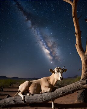 A natural toned takin calf  cow genetic hybrid fantasy animal, fictional species , resting on a tree branch in a starlit night.