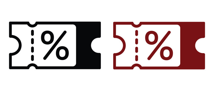 Discount coupon icons in black and red colors for promotions