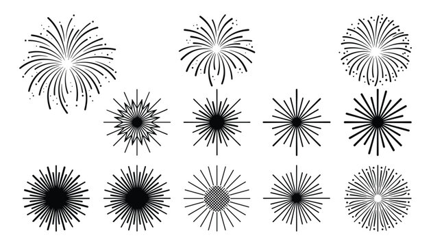 Fireworks and starburst line icon vector set. Sparklers, sunburst, stars, light bursts, firecracker sparks, celebration shapes, explosions and holiday party elements.