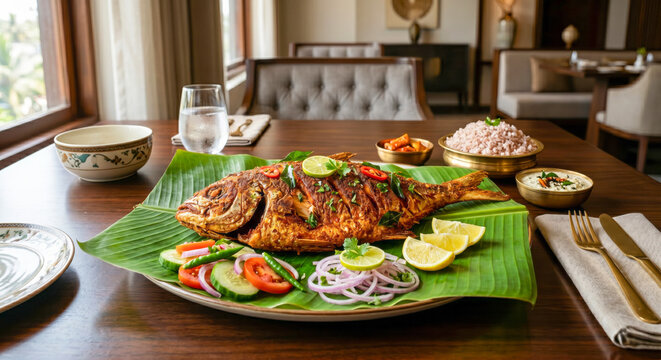 Kerala Style Whole Fish Fry Served on Banana Leaf with Red Rice, AI generated.