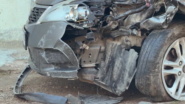 A wrecked car with a smashed front bumper sits sadly on the gravel. The shattered plastic and exposed wires create a feeling of shock and distress. This scene captures the aftermath of a harsh crash.