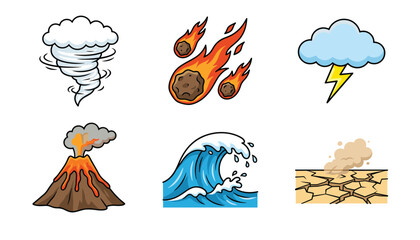 Natural disaster vector cartoon icon element set. Swirling tornado, flaming meteorites, lightning storm cloud, erupting volcano lava, tsunami ocean wave, and cracked earth drought. © Creative Studio 