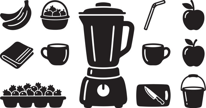 Blender and fruit icons in black and white