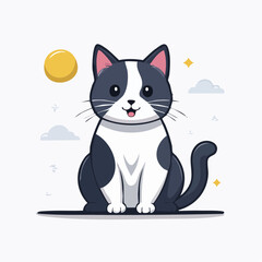 Obraz premium Cute Cartoon Tuxedo Cat Sitting with Sun and Clouds