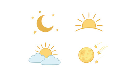 Weather and sky vector cartoon element set. Yellow sun rising, crescent moon with stars, full moon, shooting meteors, and fluffy blue clouds. © Creative Studio 