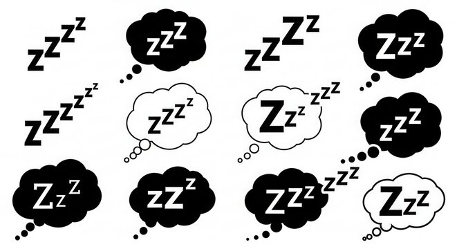 Set of Zzz Sleep Icons and Thought Bubbles for Snoring, Dreaming, and Tiredness Concepts, Black and White Vector Illustration