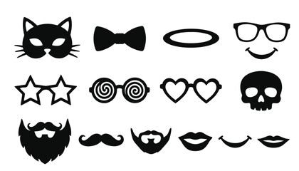 Photo booth party props vector silhouette icon set. Funny glasses, mustaches, lips, cat mask, bow tie, halo, and skull elements for celebration. © Creative Studio 