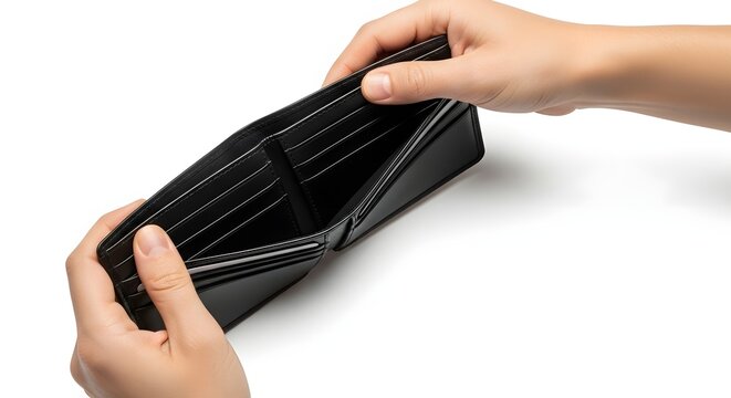 Empty black leather wallet opened by hands isolated on white background.