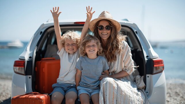 Joyful family with two happy children waving hello from open car trunk on sunny beach vacation trip