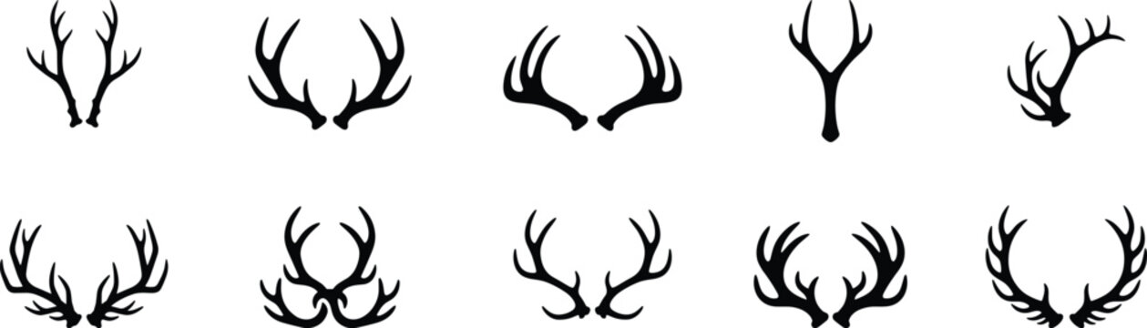 Antler silhouette illustration collection featuring decorative branching designs, symmetrical shapes, wildlife elements, and emblematic nature graphics