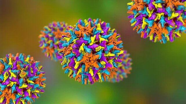 Hepatitis B virus particles, 3D animation showing slowly rotating enveloped virions with surface antigen spikes, illustrating viral pathogen causing liver infection.