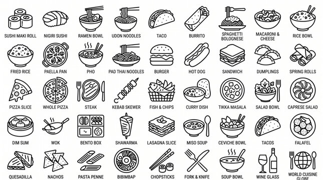 A variety of food icons are shown on a white background