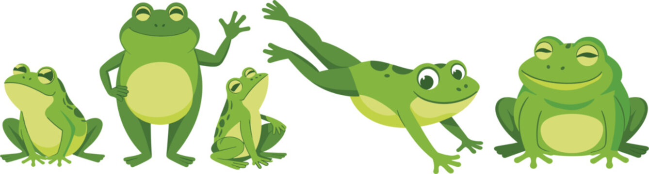 Green frog cartoon character collection with different poses isolated amphibian vector illustration set for children education