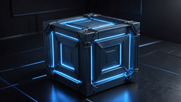 Close-up of Intricate Mechanical Cube Radiating Blue Cyan Internal Light