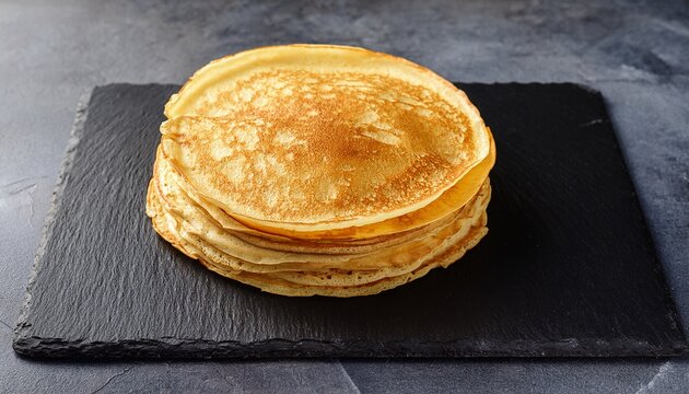stack of golden brown thin pancakes on a dark slate serving board with textured background