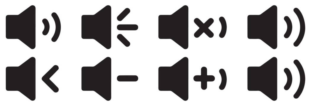 Various volume icons with addition and cancellation marks for digital user interface design.