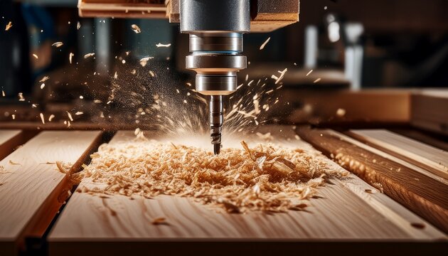 close up of a cnc machine drilling wooden planks with fine wood shavings scattering in a woodworking workshop