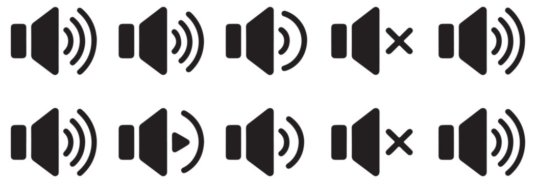 speaker icon set, volume up and mute symbols, sound control, multimedia interface elements.