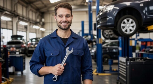 Mechanic with wrench in auto repair shop