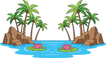 Obraz premium Tropical oasis illustration featuring palm trees, rocks, lotus flowers, lily pads, lagoon water, and serene island nature design